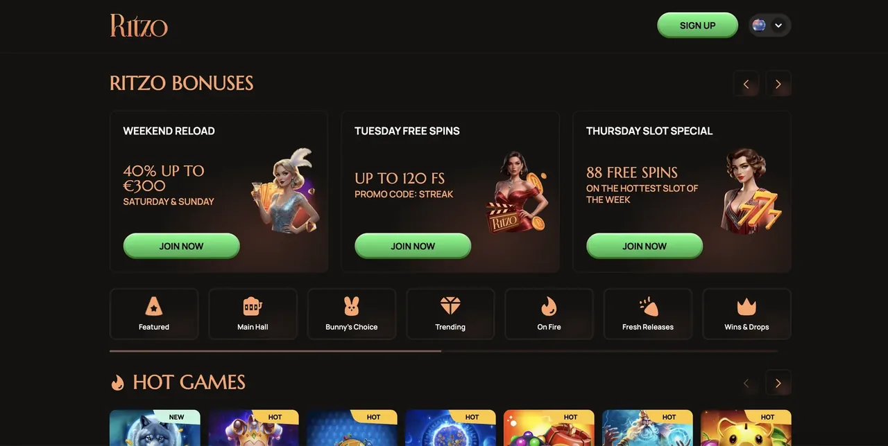 Ritzo Casino interface